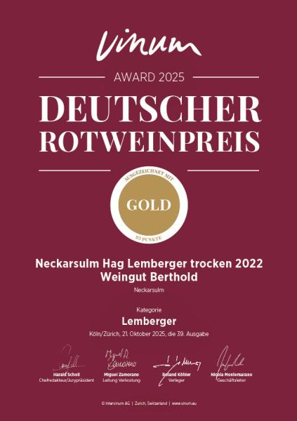 2022-er Lemberger Neckarsulmer Hag QbA trocken - Weingut Berthold